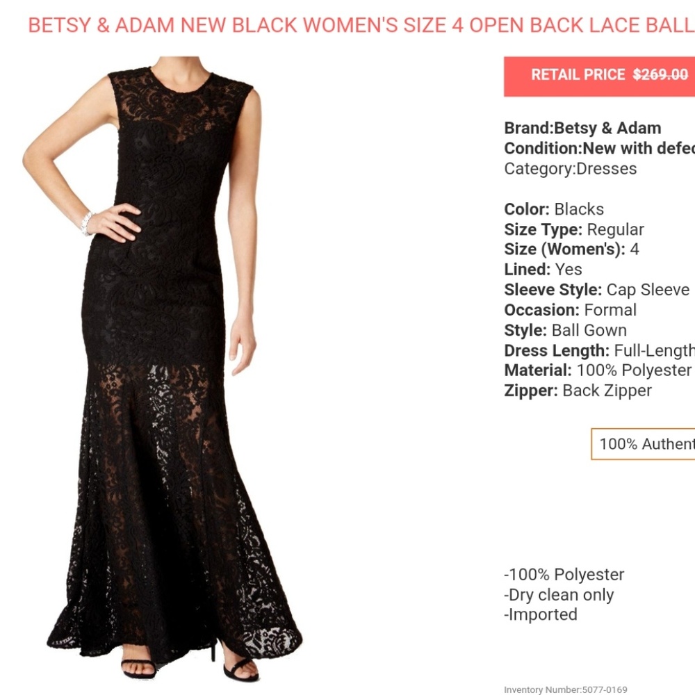 Betsy and Adam size 4 black lace gown